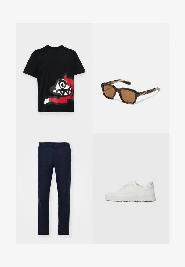 Icecream JUMBO RUNNING DOG - Trükipildiga T-särk - black; NN.07 THEO - Püksid - dark blue; Valge nahast tennis, millel on sile põhi, ümar varvas, lamedad nöörid ja tekstuuriline tall. Sisaldab diskreetset logo kontsaribal.; Plastist prillid kilpkonnasarnase mustriga, oktagonaalsed pruunid läätsed ja õhukesed kuldsed metallsangad raamile.