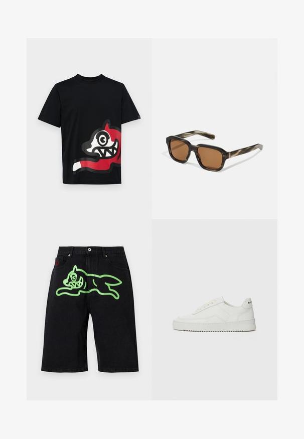Icecream JUMBO RUNNING DOG - Marškinėliai su spaudiniu - black; Icecream RUNNING DOG  - Džinsiniai šortai - black denim; Balti odiniai sportiniai bateliai su lygia apdaila, apvaliu pirštu, plokščiais raišteliais ir tekstūruotu padu. Pasižymi subtiliu logotipu ant kulno.; Plastikiniai saulės akiniai su šelkės raštu, aštuonkampiais rudais lęšiais ir plonais auksiniais akcentais ant rėmo.