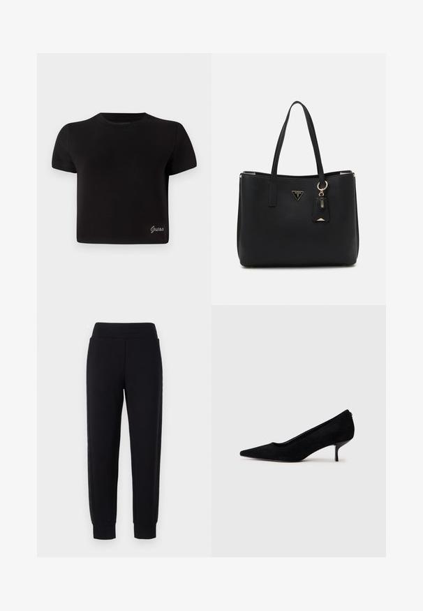 Schwarzes T-Shirt mit kurzen Ärmeln aus Baumwolle. Verfügt über einen runden Halsausschnitt und ein kleines silbernes "Guess"-Logo auf der unteren linken Seite.; Schwarze Jogginghose mit schmal zulaufendem Bein, ausgestattet mit einem breiten, elastischen Bund und strukturierten Seiteneinsätzen. Hergestellt aus einem weichen, dehnbaren Material.; Schwarzer Wildleder-High-Heel-Schuh mit spitzem Zeh und slim, niedrigem Absatz. Glatte Textur mit elegantem Design, ohne sichtbare Beschläge.; Schwarze Tragetasche aus strukturiertem synthetischem Material, mit zwei Griffen, einem goldenen Logo-Schild und einem kleinen Anhänger mit Akzentdetail.