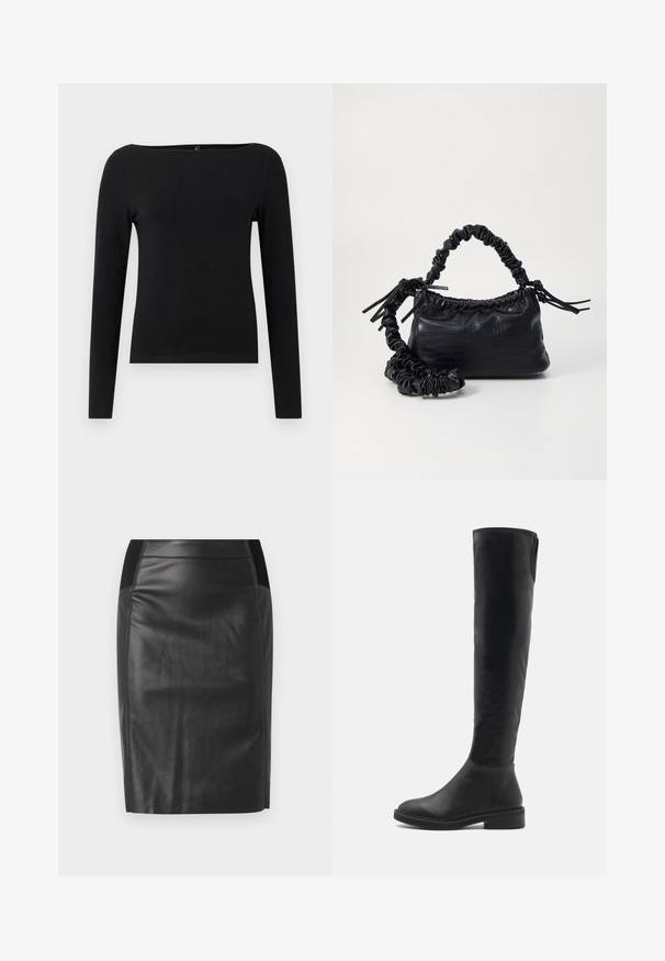 Czarny, długi rękaw top z dekoltem łódkowym, wykonany z gładkiego materiału. Prosta konstrukcja bez wzorów czy akcentów.; Czarna skórzana spódnica ołówkowa z dopasowanym krojem, gładką teksturą i elastycznym pasem po obu stronach. Płaski dół.; Czarne kozaki za kolano z gładkiej eko-skóry, o zaokrąglonym nosku, niskim obcasie w kształcie bloku oraz kontrastowym przeszyciu wzdłuż górnej krawędzi.; Czarna torebka z syntetycznej skóry o teksturze krokodyla, z zaciąganym górnym zamknięciem i marszczonym paskiem. Wygląda na miękką i zwartą w designie.