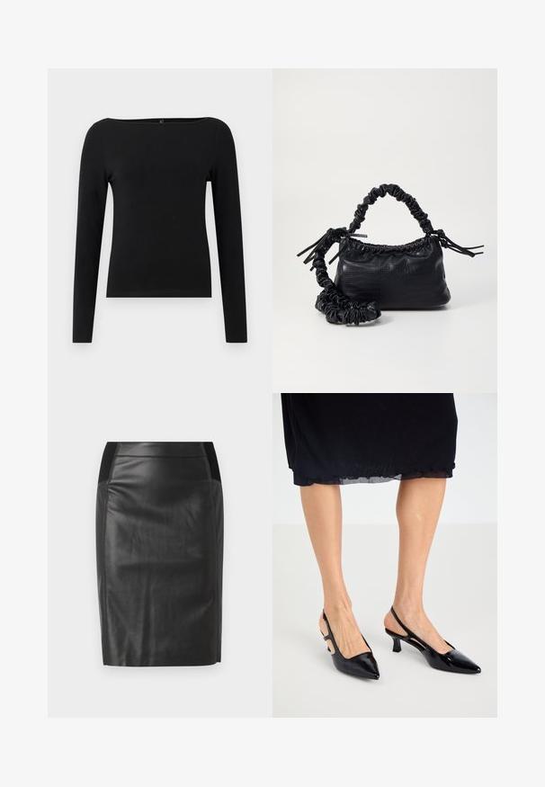 Black long-sleeve top with a boat neckline, made from smooth fabric. Simple design with no patterns or accents.; Black leather pencil skirt with a fitted design, smooth texture, and elastic waistband accents on both sides. Flat hem at the bottom.; Black patent leather slingback heels with a pointed toe, kitten heel, and cut-out detail on the sides. Smooth texture with glossy finish.; Black faux leather handbag with a crocodile texture, cinched top, and a scrunched strap. Appears soft and compact in design.