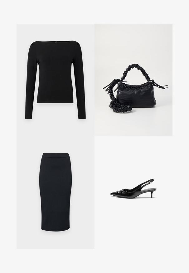 Čierny top s dlhými rukávmi a lodičkovým výstrihom, vyrobený z hladkej látky. Jednoduchý dizajn bez vzorov alebo akcentov.; Armani Exchange GONNA - Puzdrová sukňa - black; Čierne kožené sandále na podpatku so špičatou špičkou, nízkym širokým podpätkom a nariaseným detailom na priehlavku. Hladká textúra a minimalistický dizajn.; Čierna umelá kožená kabelka s kroko vzorom, sťahovaným vrchom a zhnutým popruhom. Vyzerá mäkko a kompaktné v dizajne.