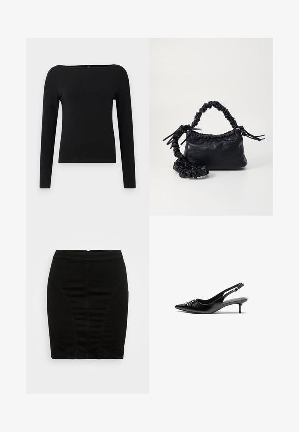 Bluză neagră cu mânecă lungă și decolteu bateau, realizată dintr-un material fin. Design simplu, fără modele sau accente.; Fustă tip creion din denim negru cu un design ajustat, având detalii cu cusături verticale și un talie medie pentru o siluetă elegantă.; Pantofi cu toc slingback din piele neagră, cu vârf ascuțit, toc mic tip kitten și detaliu adunat pe partea superioară. Textură netedă și design minimalist.; Geantă din faux leather neagră cu textură de crocodil, cu partea superioară strânsă și o curea mototolită. Pare moale și compactă ca design.