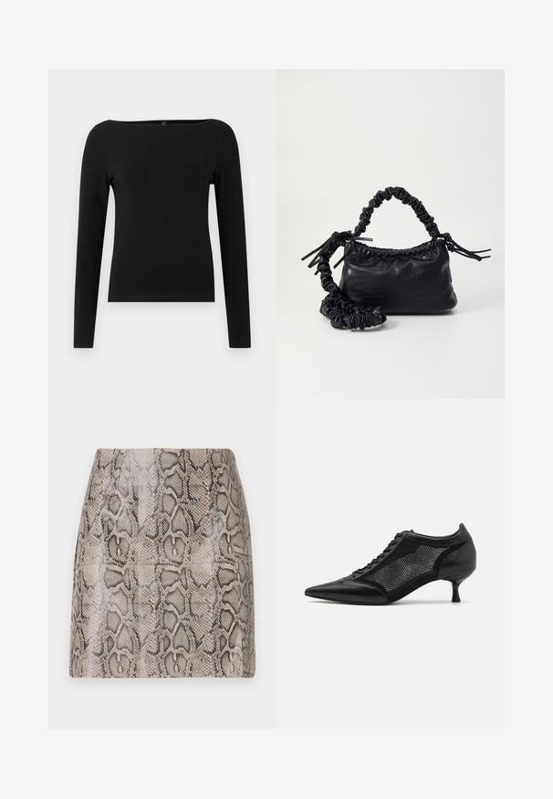 Camisola preta de mangas longas com decote barco, feita de um tecido suave. Design simples, sem padrões ou detalhes.; Uma saia mini ajustada com um estampado de cobra em faux brilhante e texturizado em tons de bege e preto, com um acabamento suave e sem fechos visíveis.; Shoe preto de bico fino com um design de painel em malha, apresentando um salto baixo e amarração na parte da frente. Feito de uma combinação de couro e material de malha.; Bolsa de mão em couro sintético preto com textura de crocodilo, topo franzido e alça enrugada. Apresenta um design suave e compacto.