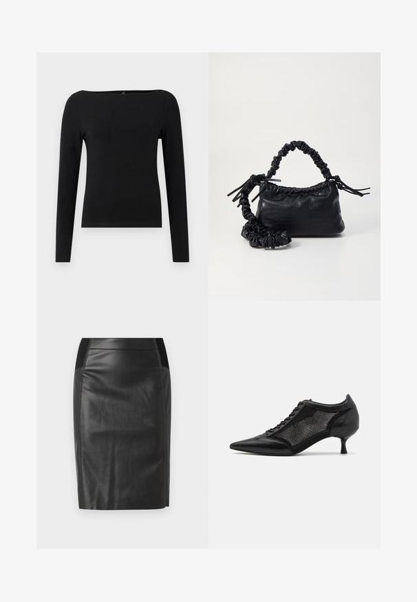 Svart langermet topp med båtutringning, laget av glatt stoff. Enkel design uten mønstre eller detaljer.; Svart skinn blyantskjørt med en tettsittende design, glatt tekstur og elastiske midjebånd på begge sider. Flat kant nederst.; Svart spiss tå-sko med meshpaneldesign, med lav hæl og snøring foran. Laget av en kombinasjon av lær og meshmateriale.; Svart faux skinn-håndveske med krokodilletekstur, strammet topp og en rynket stropp. Ser myk og kompakt ut i designen.