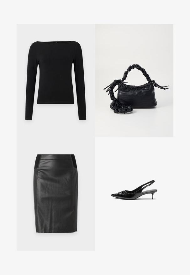Mustapaitahihaton, jossa on veneenmuotoinen kaula-aukko, valmistettu sileästä kankaasta. Yksinkertainen muotoilu ilman kuvioita tai yksityiskohtia.; Mustat nahkaiset lyhyet hameet, joissa on tiukka muotoilu, sileä pinta ja joustavat vyötärönauhan yksityiskohdat molemmin puolin. Litteä helma alareunassa.; Mustat nahkaiset slingback-korkokengät, joissa on terävä kärki, pieni kitten-korko ja koristeellinen solki edessä. Yksinkertainen pinta kauttaaltaan.; Must-have mustekahvi nahkalaukku krokotiiliaistalla, kiristetty yläosa ja rypistetty hihna. Näyttää pehmeältä ja kompaktilta muotoilultaan.
