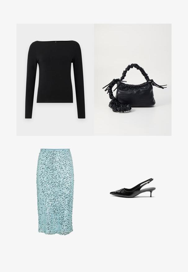 Juodas ilgomis rankovėmis viršus su laivu išpjova, pagamintas iš lygios medžiagos. Paprastas dizainas be raštų ar akcentų.; Šviesiai mėlyna blizgučių sijonas su prigludusia forma, puošni banguota blizgučių raštu, iki kelių, su lygiu paviršiumi.; Juodos odinės slingback aukštakulniai su smailiu nosiu, mažais katės kulnais ir dekoratyvine mazgo detale priekyje. Visas paviršius lygus.; Juodas dirbtinės odos rankinė su krokodilo tekstūra, sušnibždinta viršuje ir susikraipytu dirželiu. Atrodo minkšta ir kompaktiška.