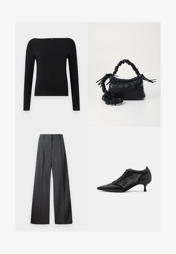 Black long-sleeve top with a boat neckline, made from smooth fabric. Simple design with no patterns or accents.; Wide-leg trousers in dark gray fabric, featuring a high waist, single pleats, and a smooth texture with a clean finish at the hems.; Black pointed-toe shoe with a mesh panel design, featuring a low heel and lace-up front. Made from a combination of leather and mesh material.; Black faux leather handbag with a crocodile texture, cinched top, and a scrunched strap. Appears soft and compact in design.