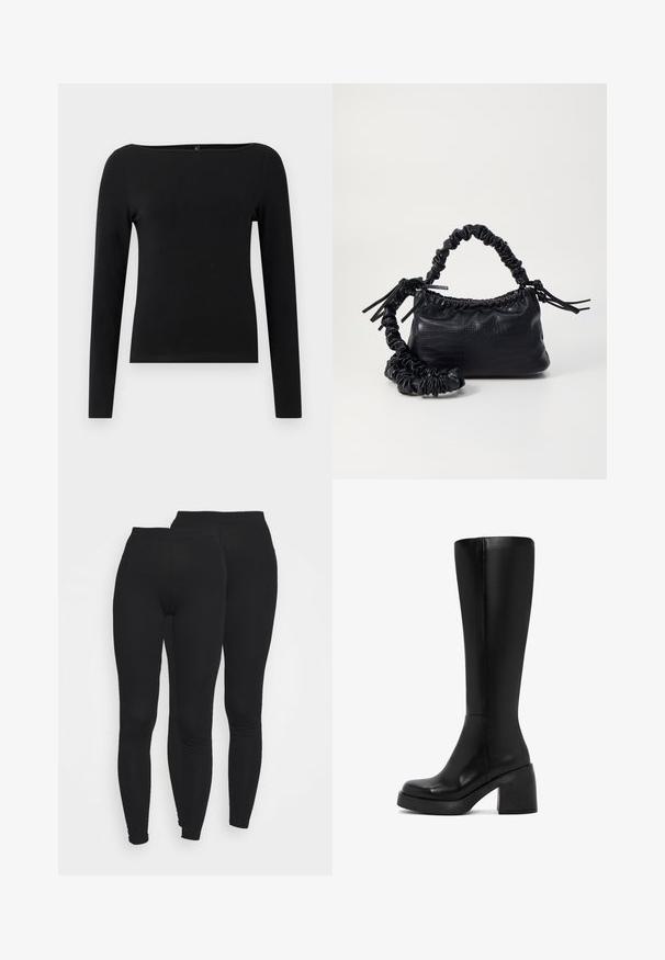 Zwarte lange mouw top met een bootlijn, gemaakt van een gladde stof. Eenvoudig ontwerp zonder patronen of accenten.; Zwarte legging met een elastische tailleband, gemaakt van een gladde, rekbare stof. Kenmerkt zich door een aansluitend ontwerp dat naar de enkels toe smaller wordt.; Zwarte kniehoge laars van soepel leer, met een chunky blokhak en ronde neus. Naaddetails lopen langs de zijkant.; Zwarte nepleer handtas met een krokodillenstructuur, opgedroogde bovenkant en een gekreukte hengsel. Het lijkt zacht en compact van ontwerp.