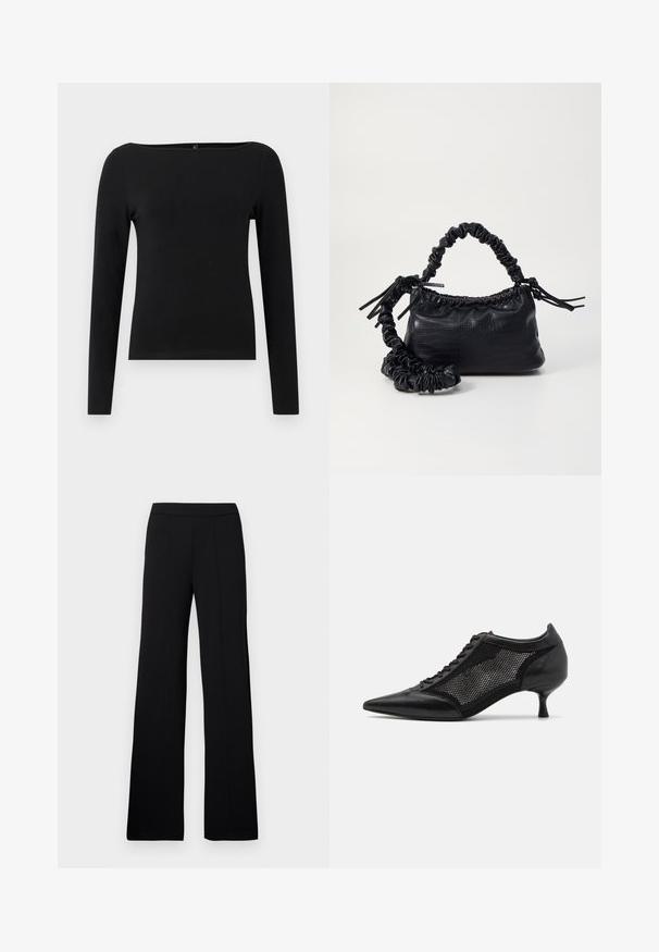 Camisola preta de mangas longas com decote barco, feita de um tecido suave. Design simples, sem padrões ou detalhes.; Calças largas pretas com uma textura tecida suave, apresentando uma cintura plana e costuras verticais para um aspeto sofisticado.; Shoe preto de bico fino com um design de painel em malha, apresentando um salto baixo e amarração na parte da frente. Feito de uma combinação de couro e material de malha.; Bolsa de mão em couro sintético preto com textura de crocodilo, topo franzido e alça enrugada. Apresenta um design suave e compacto.