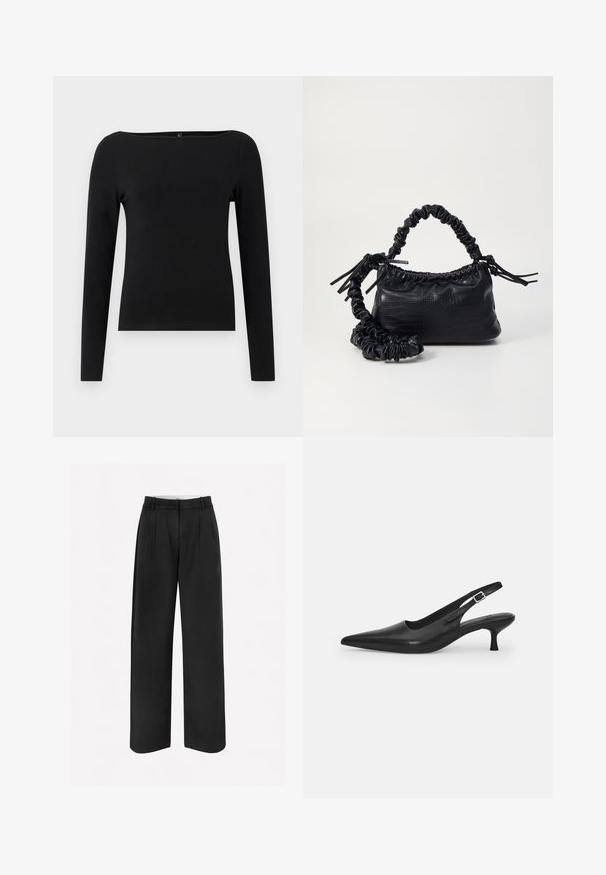 Melna garām piedurknēm topi ar laivu izgriezumu, izgatavots no gludas auduma. Vienkārša dizaina, bez rakstiem vai akcentiem.; Melnas platas kāju bikses, izgatavotas no gludas auduma, ar pielāgotu dizainu, priekšējām krokām un josta cilpiņām jostasvietā.; Melnas ādas slīdošās kurpes ar norādītu pirkstu un šauru, izliekta papēdi. Ar diskrētu regulējamu siksniņu ar metāla sprādzi.; Melnā mākslīgās ādas rokassoma ar krokodila rakstu, savilkta augšdaļa un saburzīta siksna. Izskatās mīksta un kompakta pēc dizaina.