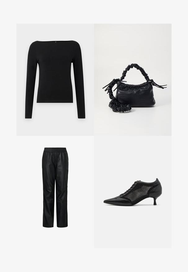 Črn dolg rokav z ladijskim izrezom, izdelan iz gladkega materiala. Preprost dizajn brez vzorcev ali dodatkov.; Črne usnjene hlače z elastičnim pasom, strukturiranim dizajnom, širokimi nogavicami, gladko teksturo ter vidnimi šivi in podrobnostmi panela.; Črne čevlje z ostro nosom, zasnovane z mrežnim panelom, z nizko peto in vezalkami spredaj. Narejeni so iz kombinacije usnja in mrežnega materiala.; Črna torbica iz umetnega usnja s krokodilovo teksturo, z zvitim vrhom in zmečkano naramico. Zdi se mehka in kompaktna v oblikovanju.
