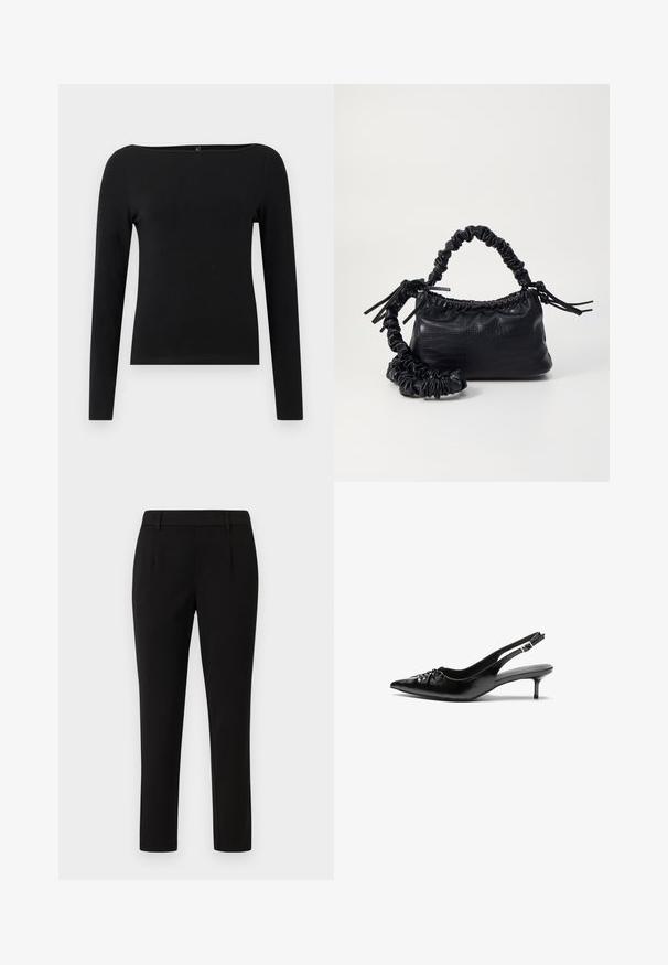 Black long-sleeve top with a boat neckline, made from smooth fabric. Simple design with no patterns or accents.; Black tailored trousers with a straight leg design, made of smooth fabric. Features flat front, belt loops, and no pockets.; Black leather slingback heels with a pointed toe, small kitten heel, and a decorative knot detail on the front. Smooth texture throughout.; Black faux leather handbag with a crocodile texture, cinched top, and a scrunched strap. Appears soft and compact in design.