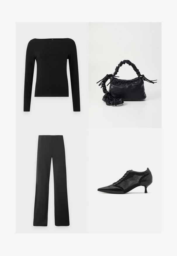 Haut noir à manches longues avec un col bateau, fabriqué en tissu lisse. Design simple sans motifs ni accents.; Pantalons larges noirs en tissu lisse, dotés d'une taille haute et d'un design pleine longueur, sans motifs ni éléments apparents.; Chaussure noire à bout pointu avec un design en panneau en maille, présentant un petit talon et un laçage à l'avant. Fabriquée à partir d'une combinaison de cuir et de matériau en maille.; Sac à main en simili cuir noir avec une texture crocodile, un dessus resserré et une sangle froncée. A l'apparence douce et compacte.