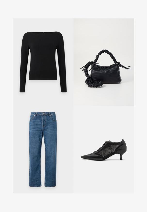 Črn dolg rokav z ladijskim izrezom, izdelan iz gladkega materiala. Preprost dizajn brez vzorcev ali dodatkov.; Modre jeans hlače z ravnim krojem in visokim pasom. Značilnosti vključujejo sprednje žepke, gumbno zapiranje in subtilne šivane podrobnosti.; Črne čevlje z ostro nosom, zasnovane z mrežnim panelom, z nizko peto in vezalkami spredaj. Narejeni so iz kombinacije usnja in mrežnega materiala.; Črna torbica iz umetnega usnja s krokodilovo teksturo, z zvitim vrhom in zmečkano naramico. Zdi se mehka in kompaktna v oblikovanju.