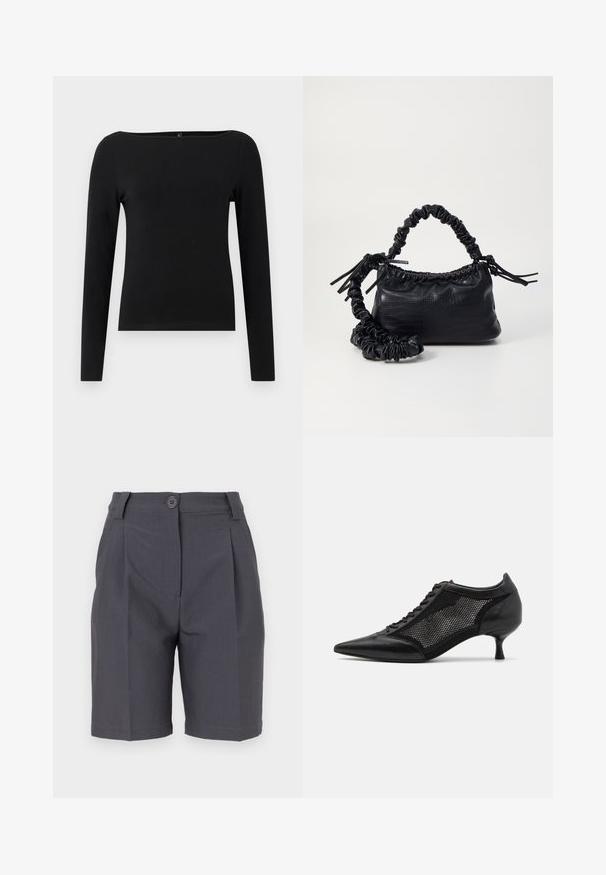 Black long-sleeve top with a boat neckline, made from smooth fabric. Simple design with no patterns or accents.; Gray tailored shorts with pleats, button closure, and side pockets. Made from a smooth, lightweight fabric with a structured fit.; Black pointed-toe shoe with a mesh panel design, featuring a low heel and lace-up front. Made from a combination of leather and mesh material.; Black faux leather handbag with a crocodile texture, cinched top, and a scrunched strap. Appears soft and compact in design.