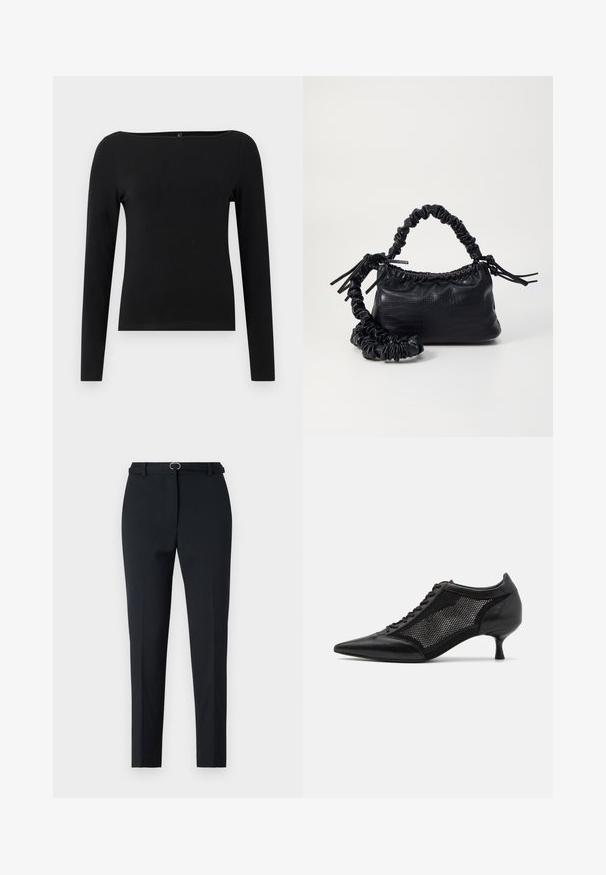 Mustapaitahihaton, jossa on veneenmuotoinen kaula-aukko, valmistettu sileästä kankaasta. Yksinkertainen muotoilu ilman kuvioita tai yksityiskohtia.; Mustat räätälöidyt housut, joissa on kapea malli, litteä etuosa, vyölenkit ja pieni hopea solki. Sileä kangas, jossa on siisti viimeistely.; Mustat kärjetossut, joissa on verkkopaneeli, matala korko ja nauhanytkytys edessä. Valmistettu nahka- ja verkkokombinaatiosta.; Must-have mustekahvi nahkalaukku krokotiiliaistalla, kiristetty yläosa ja rypistetty hihna. Näyttää pehmeältä ja kompaktilta muotoilultaan.