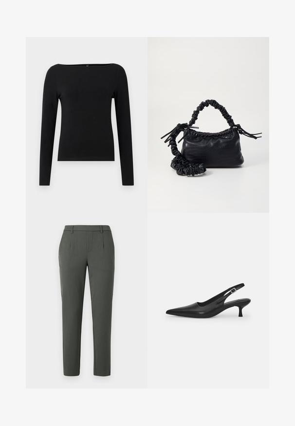 Sort langærmet bluse med bådudskæring, lavet af glat stof. Simpelt design uden mønstre eller accenter.; Mørkegrønne bukser med skræddersyet pasform, der har to sidelommer, lynlås, og lægdetaljer for en struktureret design.; Sort læder slingback-sko med spids tå og en slank, buet hæl. Har en diskret justerbar rem med en metalspænde.; Sort kunstlæder håndtaske med krokodilteksur, indsnøret top og en sammenkrøben rem. Ser blød og kompakt ud i designet.