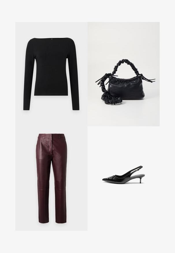 Fekete hosszú ujjú felső, hajónyakkal, sima anyagból készült. Egyszerű dizájn, minták vagy díszítések nélkül.; Burgundy bőrnadrág, testhezálló fazonnal, diszkrét fénylő felülettel és sima textúrával. Közép-derékig érő derékkal és egyenes szárú fazonnal rendelkezik.; Fekete bőrből készült slingback magassarkú cipők hegyes orral, kis francia sarokkal és díszes csomóval az elején. Az egész felületen sima textúra.; Fekete műbőr kézi táska krokodil bőr textúrával, összehúzható tetejű és gyűrt pánttal. Lágy és kompakt dizájnúnak tűnik.