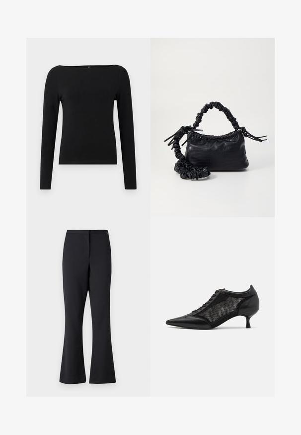 Čierny top s dlhými rukávmi a lodičkovým výstrihom, vyrobený z hladkej látky. Jednoduchý dizajn bez vzorov alebo akcentov.; Čierne rozšírené nohavice vyrobené z bavlnenej zmesi, s hladkou textúrou, pásom a upravenými prednými švom.; Čierna topánka s ostrou špičkou a sieťovaným panelom, s nízkym opätkom a šnurovaním vpredu. Vyrobená z kombinácie kože a sieťoviny.; Čierna umelá kožená kabelka s kroko vzorom, sťahovaným vrchom a zhnutým popruhom. Vyzerá mäkko a kompaktné v dizajne.