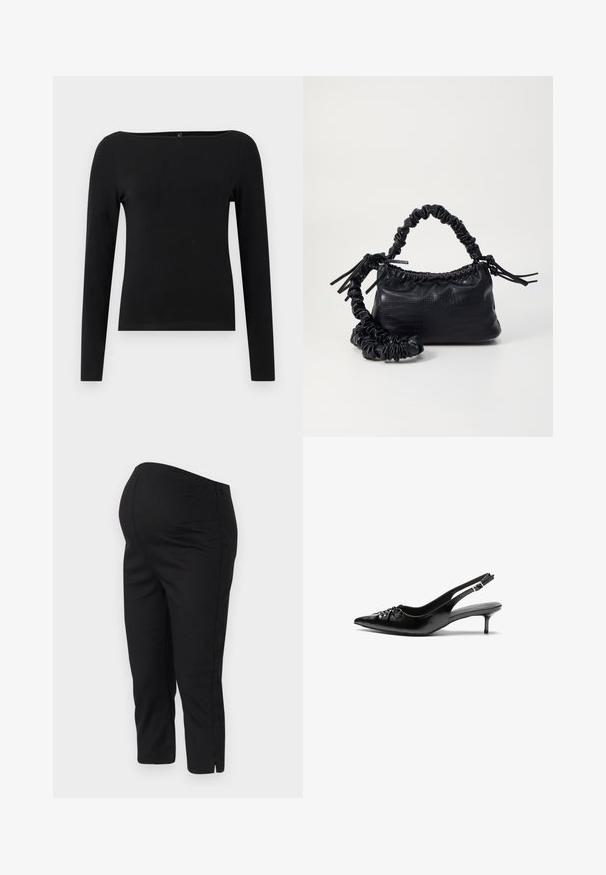 Crni dugoruki top s brodskim izrezom, izrađen od glatke tkanine. Jednostavan dizajn bez uzoraka ili akcenta.; Crne tajice sa elastičnim pojasom, skraćenog kroja i bočnim prorezima na rubovima za lakše kretanje. Glatka tekstura.; Crne kožne sandale na petu s ikkrenim nosom, malom kitten petom i dekorativnom mašnom sprijeda. Glatka tekstura svuda.; Crna torba od umjetne kože s teksturom krokodila, s cinčanim vrhom i naboranom trakom. Izgleda mekano i kompaktno u dizajnu.