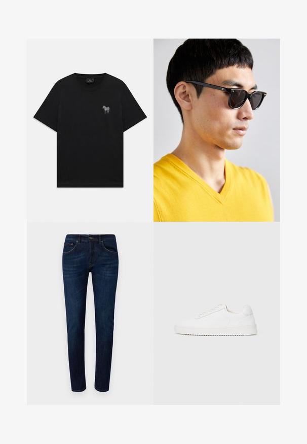 Crna majica kratkih rukava s malim izvezenim bijelim zebrom na lijevoj strani prsnog koša i okruglim izrezom.; Dondup ICON - Traperice uskog kroja - dark blue; Bijela tenisica s glatkim kožnim gornjim dijelom, okruglim vrhom, vezicama, teksturiranim bočnim detaljima i debelim gumeni potplat. Minimalistički dizajn.; Sunčane naočale s crnim okvirom i tamnim lećama. Istaknuti detalji uključuju male zlatne akcentne točke na šarkama i rektangularni oblik.