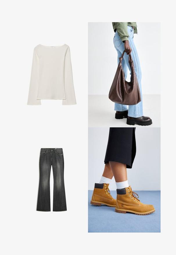 Stradivarius BASIC BELL SLEEV - Langærmet T-shirt - beige; Udflydende mørkegrå denimjeans med et falmet design, flere lommer og knaplukning. Har solid syning og en klassisk stil.; Tan ruskindsankelstøvler med brune læderdetaljer, guldøjer og en struktureret sål. Hvide sokker synlige over støvlerne.; Brun flettet læder totepose med knyttede håndtag, båret af en person i lyseblå jeans og sorte chunky sko. Glat, struktureret overflade.