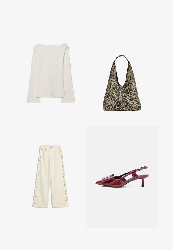 Krämfärgad långärmad topp med bred halsringning och utsvängda ärmar. Mjuk, lätt tyg. Enkel, minimalistisk design utan dekorationer.; Ljus crèmefärgade vida jeans med metallnitar längs de yttre sömmarna, fem fickor och en standard knappgylf.; Röd lackläder slingback kitten heel med spetsig tå och stor rosettdetalj på ovansidan mot vit bakgrund.; PULL&BEAR Shoppingväska - mottled dark brown