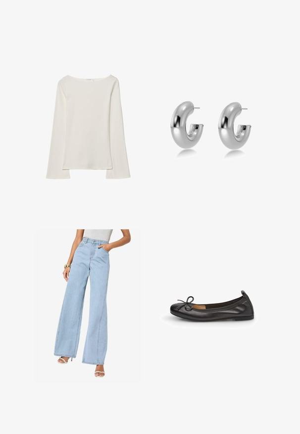 Dugi kremasti top s dugim rukavima, širokim izrezom i širokim rukavima. Glatki, lagani materijal. Jednostavan, minimalistički dizajn bez ukrasa.; Svijetloplavi široki traperice visokog struka, s prednjim džepovima i detaljima u središnjem šavu; izrađene od denima s mekom teksturom.; Crne kožne baletanke s zaobljenim vrhom, s tankim lukom na prednjem dijelu i elastičnim rubom za sigurnu prianjanje. Ravni potplat za udobnost.; Srebrne, polirane metalne naušnice u obliku prstenova s glatkim, zaobljenim oblikom i otvorenom rupom sprijeda. Imaju postolje za sigurnu nosivu.