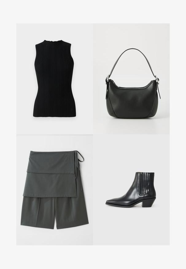 Top de punto negro sin mangas con una textura acanalada y cuello alto. Presenta una silueta ajustada y un diseño minimalista.; Pantalones cortos unisex de color gris oscuro con un diseño en capas, que presentan un panel superior y lazos en los lados. Fabricados en una tela suave y ligera.; Bota de cuero negra de tobillo con punta afilada, paneles laterales elásticos con ranuras verticales y un tacón bajo y cuadrado. Textura suave y diseño elegante.; Bolso de mano de cuero negro con forma curvada, cremallera plateada y un asa corta. Presenta un logotipo sutil en la parte frontal y una textura suave.; Pendientes de aro de plata con un acabado pulido y la marca DKNY, exhibidos sobre un fondo blanco liso.