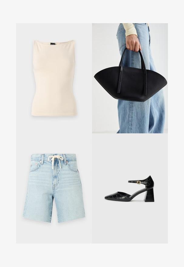 Beige tank topp med en tettsittende design laget av glatt og elastisk stoff. Bredere stropper og rund halslinning med minimale sømdetaljer.; Lyseblå denimshorts med snøring i livet, litt frayed kant og fem lommer. Har en falmet tekstur og kobbernitter.; Svart lakkert høye hæler med spiss tupp, ankelstropp og teksturert krokodilleskinn-mønster. Design med firkantet blokkhæl.; Svart skinnveske med en unik vifteform, med flate håndtak. Overflaten har en pebblelignende tekstur og et minimalistisk design.