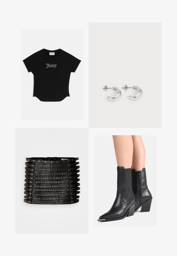 Fekete, rövid ujjú póló, kerek fazonú alsó résszel és raglán ujjal. Elöl strasszkövekkel díszített "Juicy" felirat található.; Fekete bőr miniszoknya vízszintes pántdíszítéssel, ezüst szegecsekkel a felső szélén és a függőleges oldalain.; Fekete bőr, középmagas szárú cowboy csizma hegyes orral, magasított sarkakkal, oldalsó cipzárral és díszített varrással, mezítláb viselve.; Ezüst karika fülbevalók sima, fényes felülettel. Kerek forma, enyhén ívelt dizájnnal és összemosott szélekkel. Rögzítő csattal.