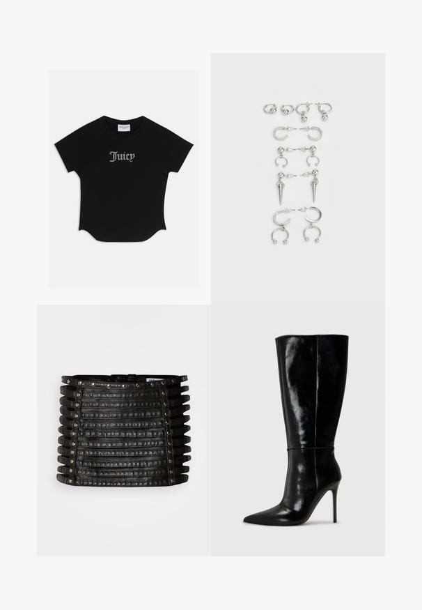 T-shirt nera a maniche corte con orlo arrotondato e maniche raglan. Presenta il testo "Juicy" decorato con strass sul davanti.; Mini gonna in pelle nera con dettagli a fascia orizzontale e borchie argentate lungo il bordo superiore e i lati verticali.; Stivali neri in pelle alti fino al ginocchio con punta affusolata e tacchi a stiletto alti. Texture liscia e design elegante, con decorazioni minime.; Set di orecchini in argento con vari design: cerchi, perle e stili pendenti, con accenti a sfera e elementi appuntiti.