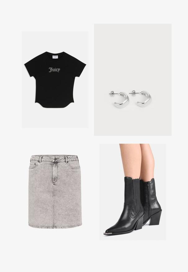 T-shirt noir à manches courtes avec un ourlet arrondi et des manches raglan. Présente le texte "Juicy" rehaussé de strass à l'avant.; Jupe en denim gris clair, de forme crayon, avec poches avant et détails de couture visibles. Le tissu a une finition légèrement texturée.; Bottes de cowboy en cuir noir jusqu'aux mollets avec pointes, talons empilés, fermeture éclair sur le côté et couture décorative, portées sur des jambes nues.; Boucles d'oreilles en argent en forme de hoops avec une finition lisse et polie. Forme ronde avec un design légèrement courbé et des bords fondus. Fermeture à pin.