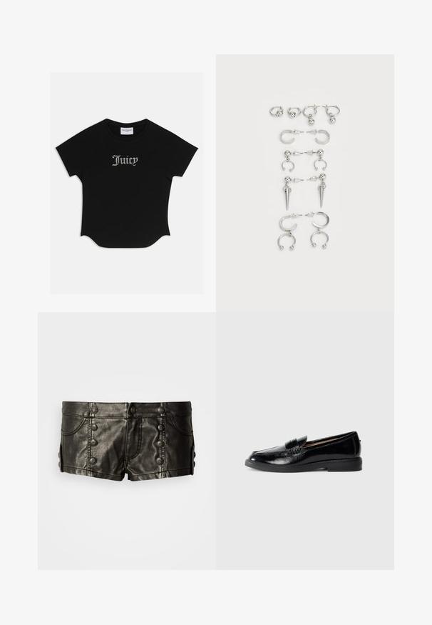 Black short-sleeve T-shirt with a rounded hem and raglan sleeves. Features embellished "Juicy" text in rhinestones on the front.; Black leather low-rise shorts with decorative metal buttons on front and sides, featuring front pockets and stitching details.; Black shiny leather loafer with rounded toe, low heel, decorative strap, and smooth sole on a plain light gray background.; Set of silver earrings featuring various designs: hoops, studs, and dangling styles, with ball accents and pointed elements.