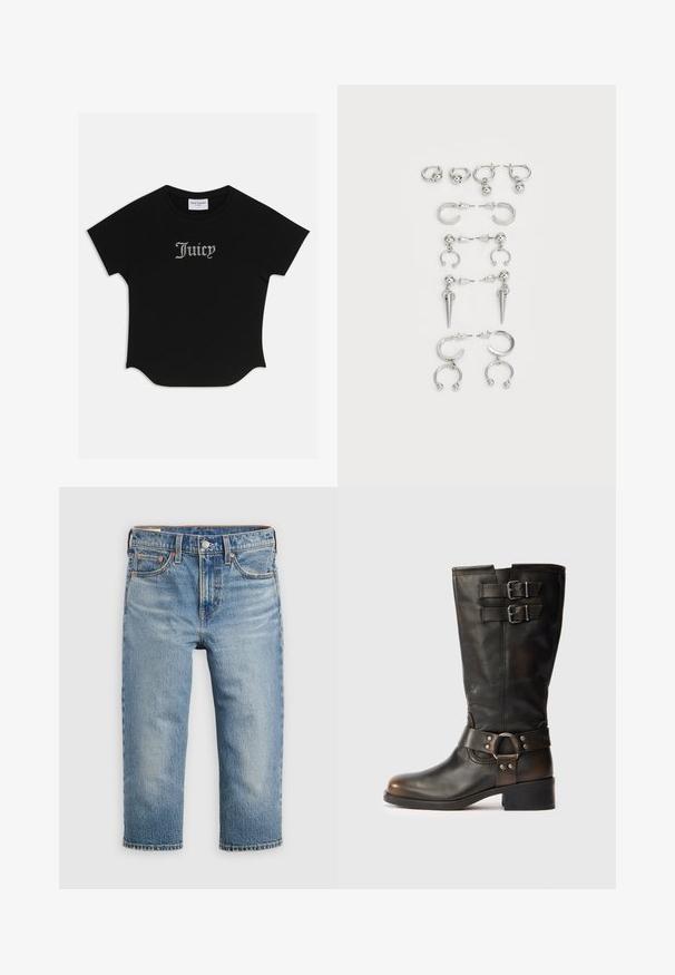 T-shirt preto de manga curta com bainha arredondada e mangas raglan. Apresenta o texto "Juicy" adornado com strass na parte da frente.; Calças de ganga azul claro com corte descontraído, comprimento cropped, cinco bolsos e fecho com botão metálico. Textura desbotada com detalhes subtis de costura.; Botas de couro pretas até à metade da panturrilha com dois fechos de fivela perto do topo e uma fita com detalhe de anel metálico à volta do tornozelo, sobre um fundo branco.; Conjunto de brincos de prata com diversos designs: argolas, studs e modelos pendentes, com acentos de bola e elementos pontiagudos.