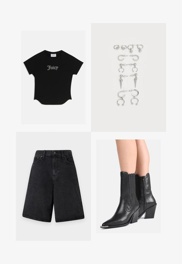 Schwarzes T-Shirt mit kurzen Ärmeln, abgerundetem Saum und Raglanärmeln. Auf der Vorderseite mit verzierten "Juicy"-Text in Strass-Steinen.; Schwarze Denim-Shorts mit entspannter Passform, hoher Taille, fünf Taschen und Knopfverschluss vorne.; Schwarze Leder-Cowboy-Stiefel bis zur Mitte der Wade mit spitzen Zehen, gestapelten Absätzen, seitlichem Reißverschluss und dekorativen Nähten, getragen auf nackten Beinen.; Set von silbernen Ohrringen mit verschiedenen Designs: Creolen, Stecker und hängende Stile, mit Kugelakzenten und spitzen Elementen.