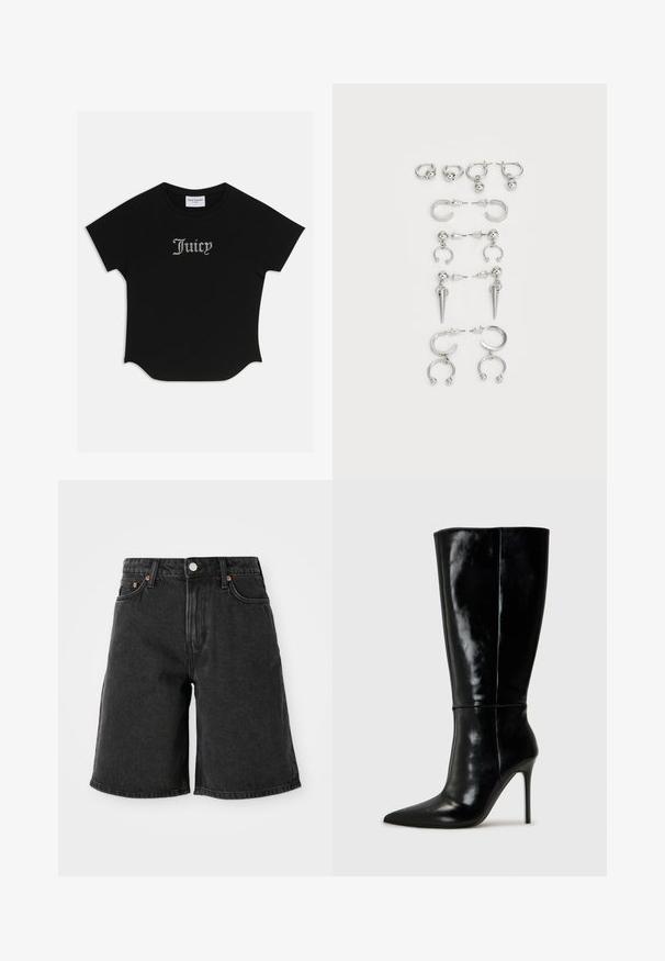 Black short-sleeve T-shirt with a rounded hem and raglan sleeves. Features embellished "Juicy" text in rhinestones on the front.; Black denim shorts with a high waist, featuring five pockets, copper rivets, and a dark wash texture. Straight leg cut with a clean hem.; Black leather knee-high boots with a pointed toe and high stiletto heel. Smooth texture and sleek design, featuring minimal detailing.; Set of silver earrings featuring various designs: hoops, studs, and dangling styles, with ball accents and pointed elements.
