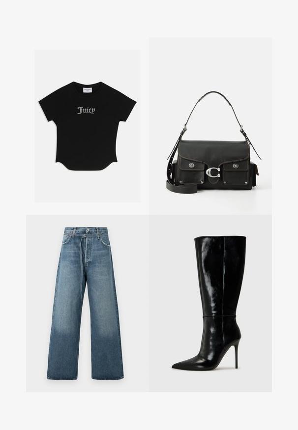 Schwarzes T-Shirt mit kurzen Ärmeln, abgerundetem Saum und Raglanärmeln. Auf der Vorderseite mit verzierten "Juicy"-Text in Strass-Steinen.; Weite blaue Jeans in einer ausgeblichenen Waschung, gefertigt aus Denim mit sichtbaren Nähakzenten und einem Knopfverschluss an der Taille.; Schwarze Leder-Knielange Stiefel mit spitzem Schuh und hohem Stiletto-Absatz. Glatte Textur und elegantes Design, das sich durch minimale Details auszeichnet.; Schwarze lederne Handtasche mit Klappenverschluss, silbernen Beschlägen, zwei Vordertaschen, kontrastierenden Nähten und einem abnehmbaren Schultergurt.; Set von silbernen Ohrringen mit verschiedenen Designs: Creolen, Stecker und hängende Stile, mit Kugelakzenten und spitzen Elementen.