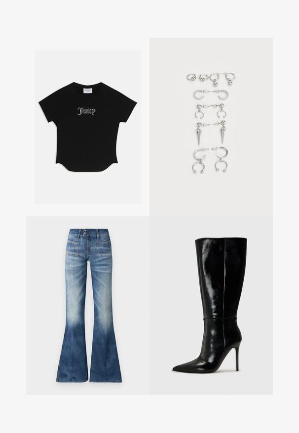 Melna īsām piedurknēm T-krekls ar noapaļotu apakšmalu un raglan piedurknēm. Priekšā ir izceltas "Juicy" burti, izpušķoti ar kristāliem.; Izliekti zili džinsi ar gaismas līdz tumšas gradācijas, divām priekšējām kabatām un pogas aizdari. Iespējama minimāla vīlēšana un gluda tekstūra.; Melnas ādas zābaki līdz ceļiem ar smailu purngali un augstu stiletto papēdi. Gluda tekstūra un elegants dizains, ar minimālu dekoru.; Sudraba auskaru komplekts ar dažādiem dizainiem: riņķi, studē un karājoši stili, ar bumbu akcentiem un izliektiem elementiem.