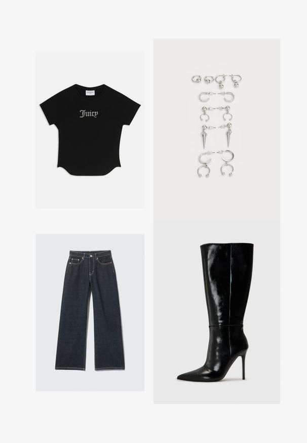 Melna īsām piedurknēm T-krekls ar noapaļotu apakšmalu un raglan piedurknēm. Priekšā ir izceltas "Juicy" burti, izpušķoti ar kristāliem.; Tumši zilā platā kājā džinsi, izgatavoti no denima, ar pogu un rāvējslēdzēju, piecām kabatām un kontrastējošiem šuvēm.; Melnas ādas zābaki līdz ceļiem ar smailu purngali un augstu stiletto papēdi. Gluda tekstūra un elegants dizains, ar minimālu dekoru.; Sudraba auskaru komplekts ar dažādiem dizainiem: riņķi, studē un karājoši stili, ar bumbu akcentiem un izliektiem elementiem.
