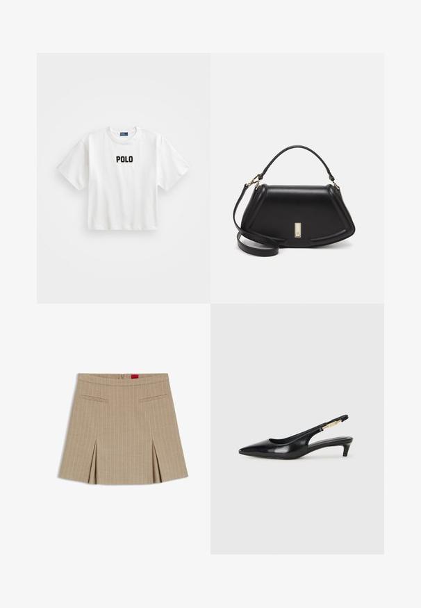 Weißes Baumwoll-T-Shirt mit kurzen Ärmeln, das auf der Vorderseite ein schwarzes gesticktes "POLO"-Logo zeigt. Einfaches, kastiges Design.; Beige gestreifter Rock mit geradem Schnitt, ausgestattet mit Seitentaschen und einem gefältelten Saum. Hergestellt aus einem glatten Stoff mit Reißverschluss.; Schwarze Leder-Slingback-Pumps mit spitzem Schuhblatt, ausgestattet mit einem schlanken Absatz und einem goldfarbigen Akzent am verstellbaren Riemen. Glatte Textur.; Schwarze Lederhandtasche mit einem strukturierten Design, das eine verkürzte Form, einen oberen Griff und goldfarbene Hardware-Details aufweist. Verstellbarer Schulterriemen ist enthalten.