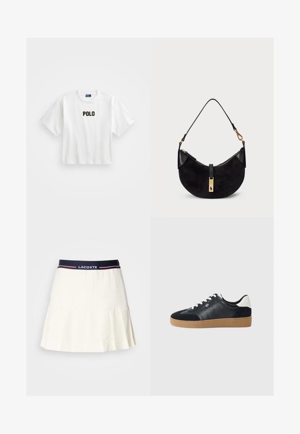 Bílý bavlněný tričko s krátkými rukávy, na přední straně se vyznačuje černě vyšitým logem "POLO". Jednoduchý, boxovitý design.; Bílá skládací sukně s námořnickým pasem, na kterém je logo Lacoste a červené akcenty. Vyrobena z hladkého, měkkého materiálu.; Černé kožené a semišové tenisky s světle hnědou gumovou podrážkou. Obsahují bílé tkaničky a malé perforace po stranách. Přítomné logo Michael Kors.; Černá kabelka s zakřiveným tvarem, vyrobená z semiše a kůže, s pozlaceným zipem a detailem loga. Obsahuje krátké ucho.
