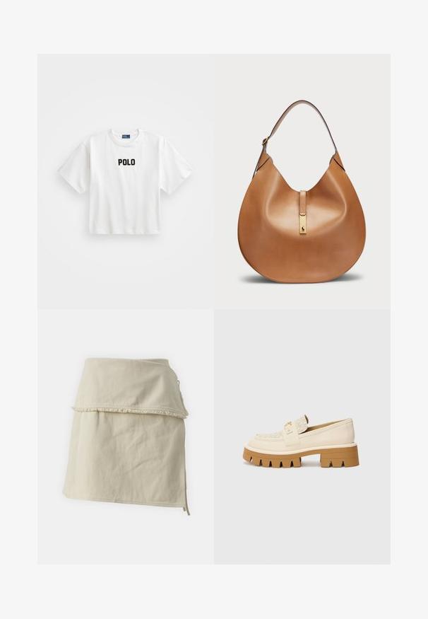 Camiseta de algodón blanca con mangas cortas, con un logotipo bordado en negro que dice "POLO" en el frente. Diseño simple y cuadrado.; Falda envolvente beige hecha de algodón, con un diseño en capas, dobladillo deshilachado y lazos laterales para un ajuste ajustable. Textura suave en toda la prenda.; Mocasines beige con una correa texturizada color crema, que presentan una suela marrón gruesa con patrones similares a dientes. Acento dorado en el detalle de la hebilla.; Bolso de mano de cuero marrón claro con forma curva y una amplia correa para el hombro. Presenta un acento de metal dorado en el centro y una textura suave.