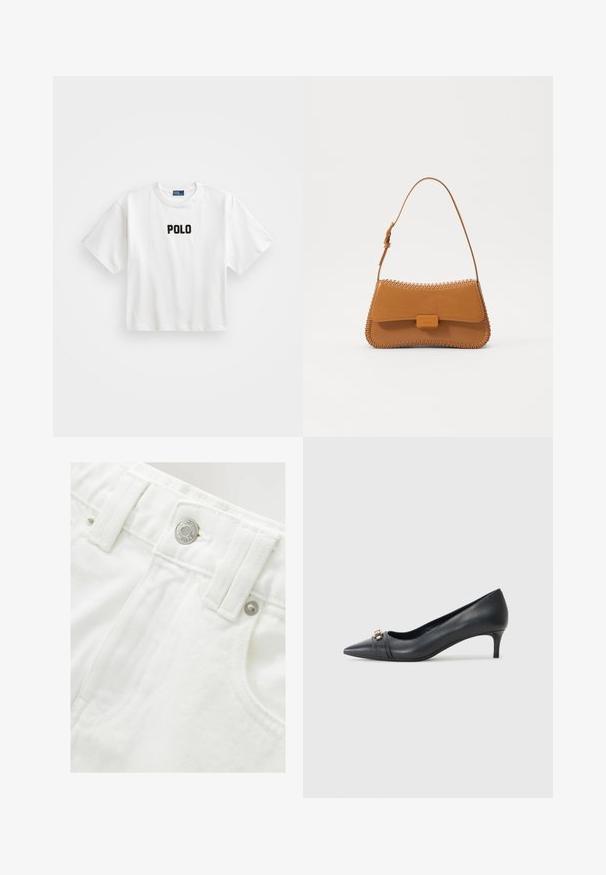 Maglietta bianca in cotone a maniche corte, con un logo ricamato nero "POLO" sul davanti. Design semplice e squadrato.; Shorts in denim bianco con vita strutturata, dettaglio del bottone argentato e tessuto testurizzato. Presentano tasche frontali e una cucitura ordinata.; Pump nera in pelle con punta affusolata e tacco basso, caratterizzata da una tracolla testurizzata e un accento metallico sul davanti. Superficie liscia e design elegante.; Borsa a tracolla in pelle marrone chiaro con un motivo cucito lungo i bordi e una tracolla regolabile. Presenta una chiusura a pattina e una piccola etichetta con logo.
