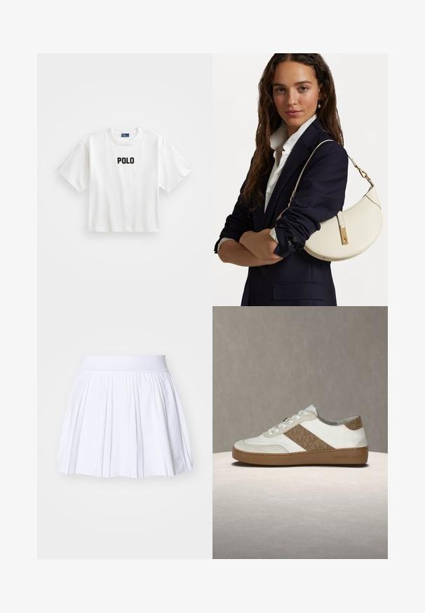 Bijela pamučna majica s kratkim rukavima, koja na prednjoj strani ima crni izvezeni "POLO" logo. Jednostavan, kutni dizajn.; Bijela plisirana suknja s mekim elastičnim pojasom, koja ima glatku teksturu i minimalistički dizajn bez dodatnih uzoraka ili naglasaka.; Bijela tenisica s lagano bež detaljima od brušene kože, uzorkovanom bočnom prugom, okruglim vrhom, bijelim vezicama i smeđim gumiranim potplatom. Logotip na peti.; Bijela kožna torba sa zakrivljenim oblikom, zlatnim detaljima i teksturiranom površinom, nošena preko tamnog sakoa i bijele košulje.