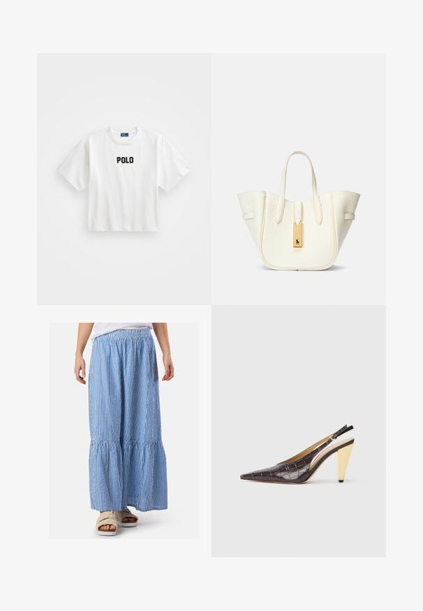 Valkoinen puuvillapaita lyhyillä hihoilla, jossa on musta brodeerattu "POLO"-logo edessä. Yksinkertainen, laatikkomainen muotoilu.; Sininen ja valkoinen raidoitettu maksihame, jossa on elastinen vyötärö, kerroksia ja kevyt kangas. Yhdistetty pehmeisiin sandaaleihin.; Kärppäotsa slingback-korkokengät tummanruskeasta kiiltävästä keinonahasta, joka imitoi krokotiilin ihoa. Malleissa on kultasävyinen geometrinen korko ja säädettävä nilkkaremmi.; Valkoinen nahkainen olkalaukku, jossa on rakenteellinen muoto, voimakkaat saumat, kultainen varusteetietokortti ja kaksoiskahvat. Rakennepinnoite, jossa on sivutaskut.