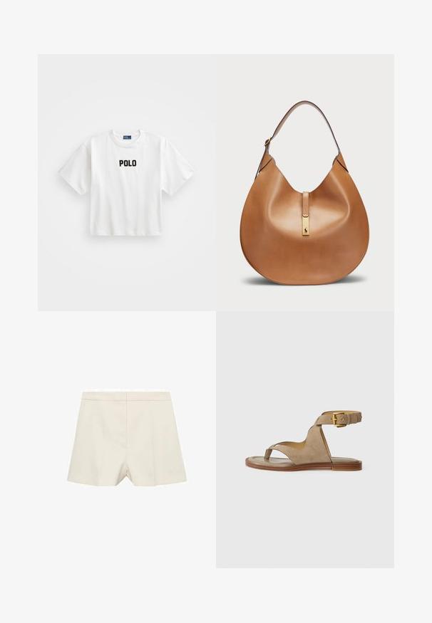 Maglietta bianca in cotone a maniche corte, con un logo ricamato nero "POLO" sul davanti. Design semplice e squadrato.; Pantaloni corti color crema con vestibilità sartoriale, caratterizzati da una consistenza liscia, frontale piatto e pieghe discrete. Design semplice senza decorazioni.; Sandalo in suede beige con un anello per le dita, lati aperti e una larga cintura alla caviglia con fibbia dorata. Suola piatta marrone con un leggero profilo.; Borsa a tracolla in pelle color cuoio dalla forma curvata e con una larga tracolla. Presenta un accento in metallo dorato al centro e una superficie liscia.