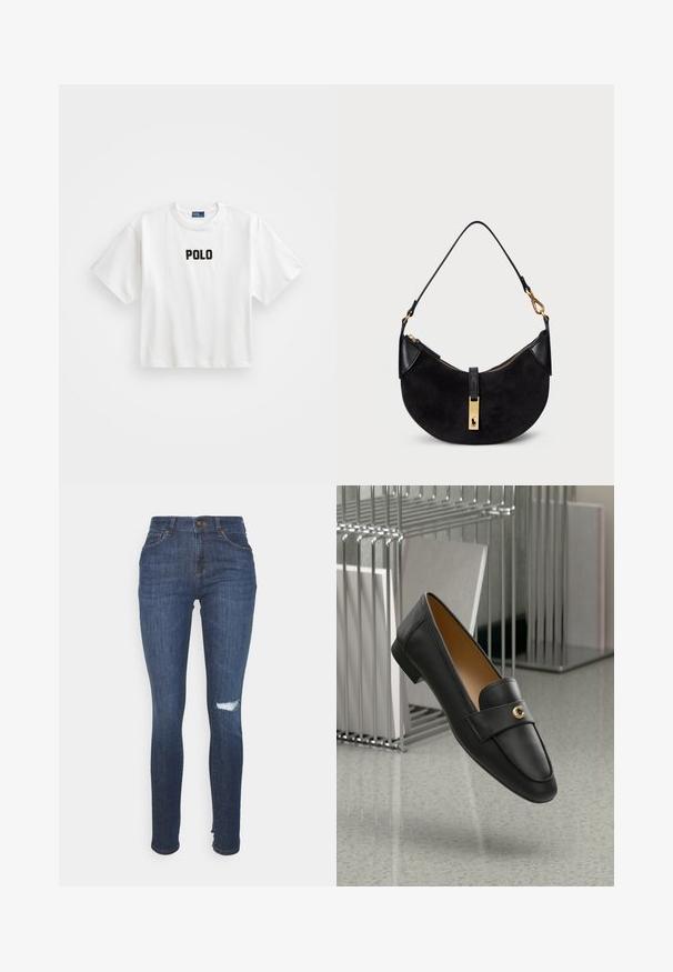 T-shirt branca de algodão com mangas curtas, apresentando um logótipo em bordado preto "POLO" na parte da frente. Design simples e rectangular.; Jeans skinny azul escuro, feitos de denim, com cintura alta, detalhe rasgado no joelho direito e design tradicional de cinco bolsos.; Sapatilhas de pele pretas com um detalhe em dourado, bico arredondado e uma textura suave, suspensas acima de uma superfície refletiva com prateleiras metálicas.; Mala preta com forma curve, feita de camurça e couro, com um fecho de correr dourado e um detalhe com o logótipo. Inclui uma alça curta.