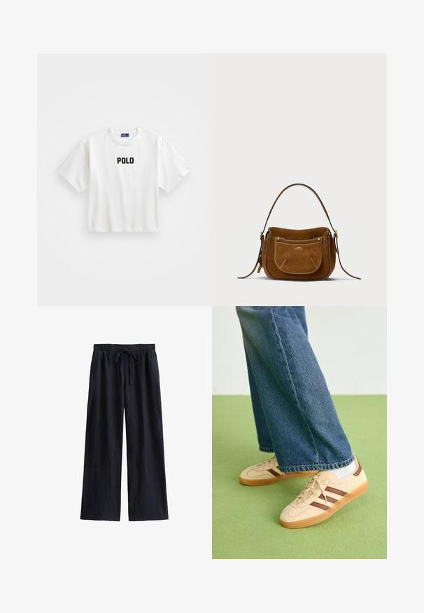 Witte katoenen t-shirt met korte mouwen, voorzien van een zwart geborduurd "POLO" logo op de voorkant. Eenvoudig, boxy ontwerp.; Marineblauwe wijde broek gemaakt van een gestructureerde stof, met een elastische tailleband en een trekkoord voor een verstelbare pasvorm.; Beige sneakers met gestructureerde crèmekleurige panelen en bruine strepen, gecombineerd met blauwe denim jeans. De jeans hebben een brede pijp en een rafelige zoom.; Suède bruine schoudertas met een gebogen vorm, contrasterende stiksels, gouden hardware accenten en een ritsvak aan de voorkant.